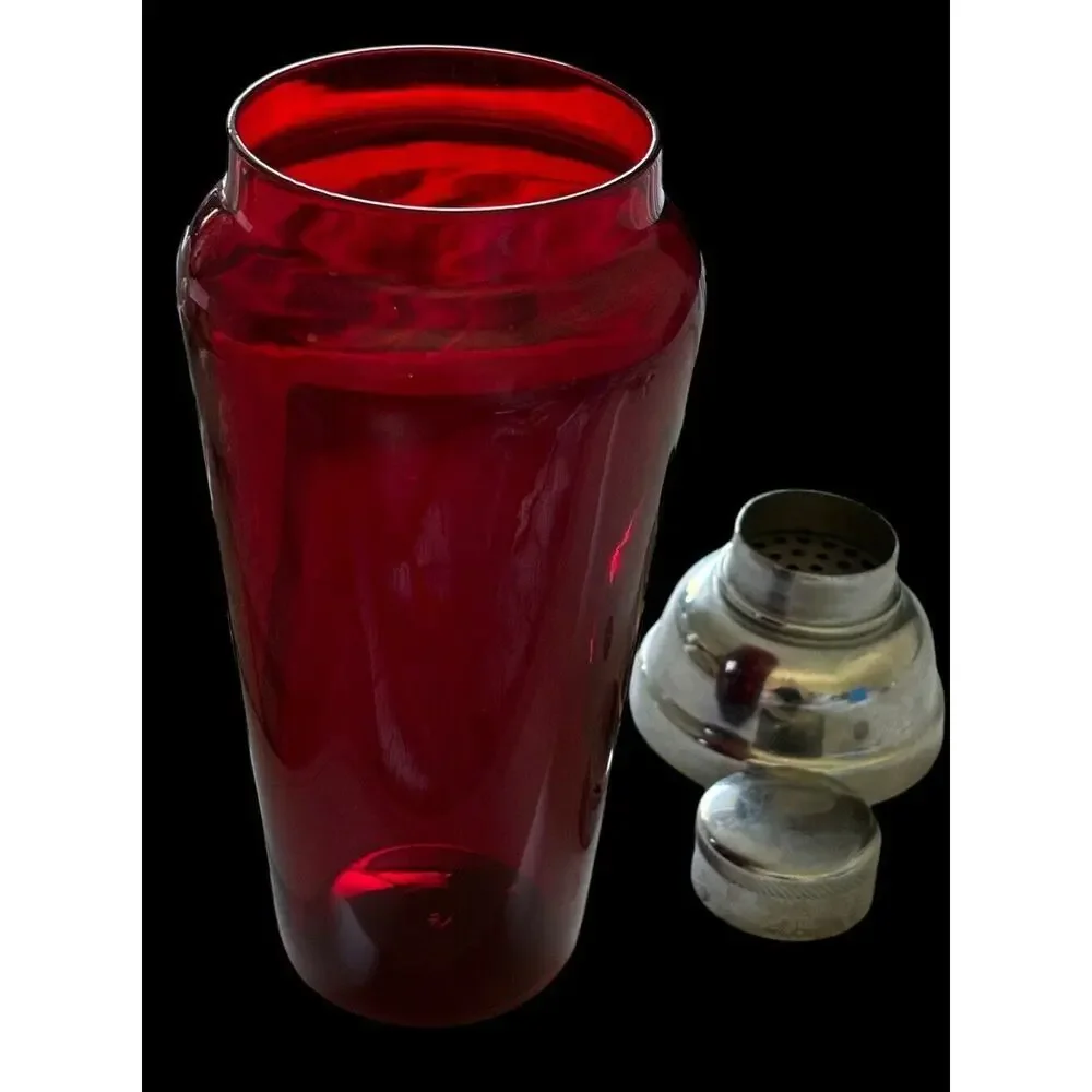 Vintage Ruby Red blown glass Mid Century Modern chrome topper martini shaker
